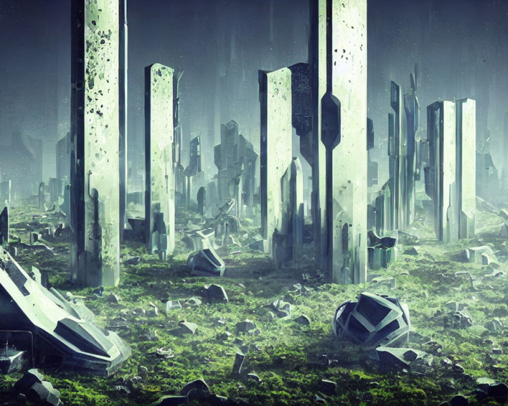 Abandoned futuristic cityscape with overgrown vegetation