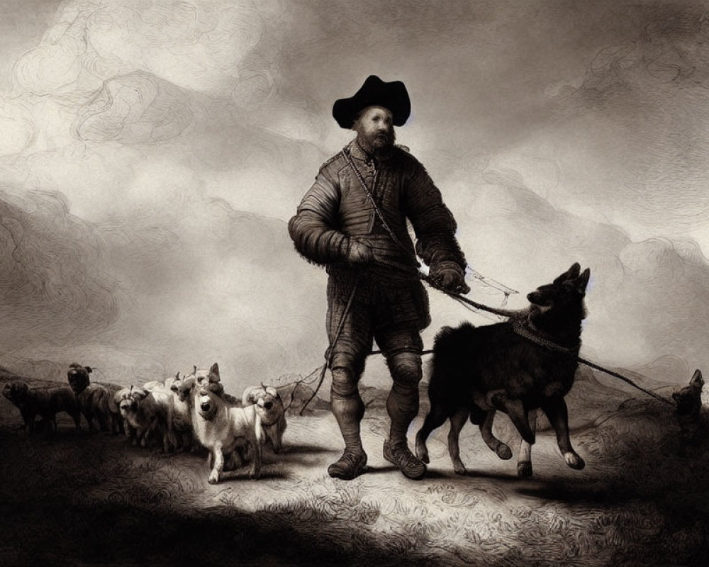 Illustration of man walking dogs in historical attire on hazy landscape