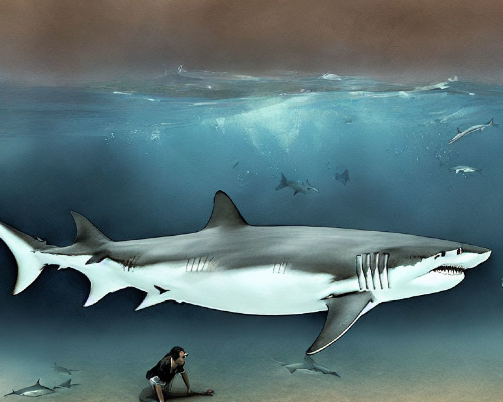 Person observing sharks and fish in surreal underwater scene