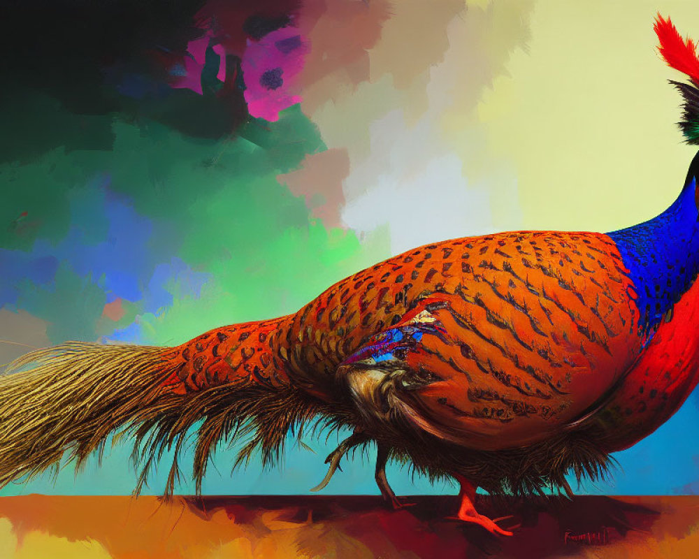 Colorful Peacock Illustration with Detailed Plumage on Abstract Background