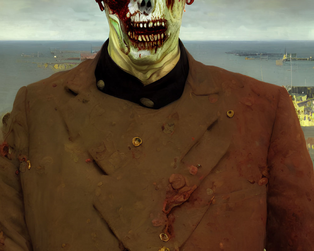 Digital portrait resembling classic painting with zombie-like figure and decaying flesh against harbor backdrop