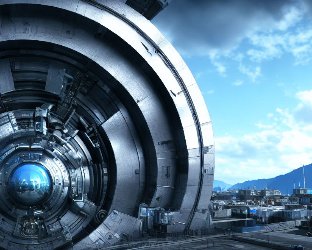 Circular metallic gateway in futuristic cityscape with skyscrapers.