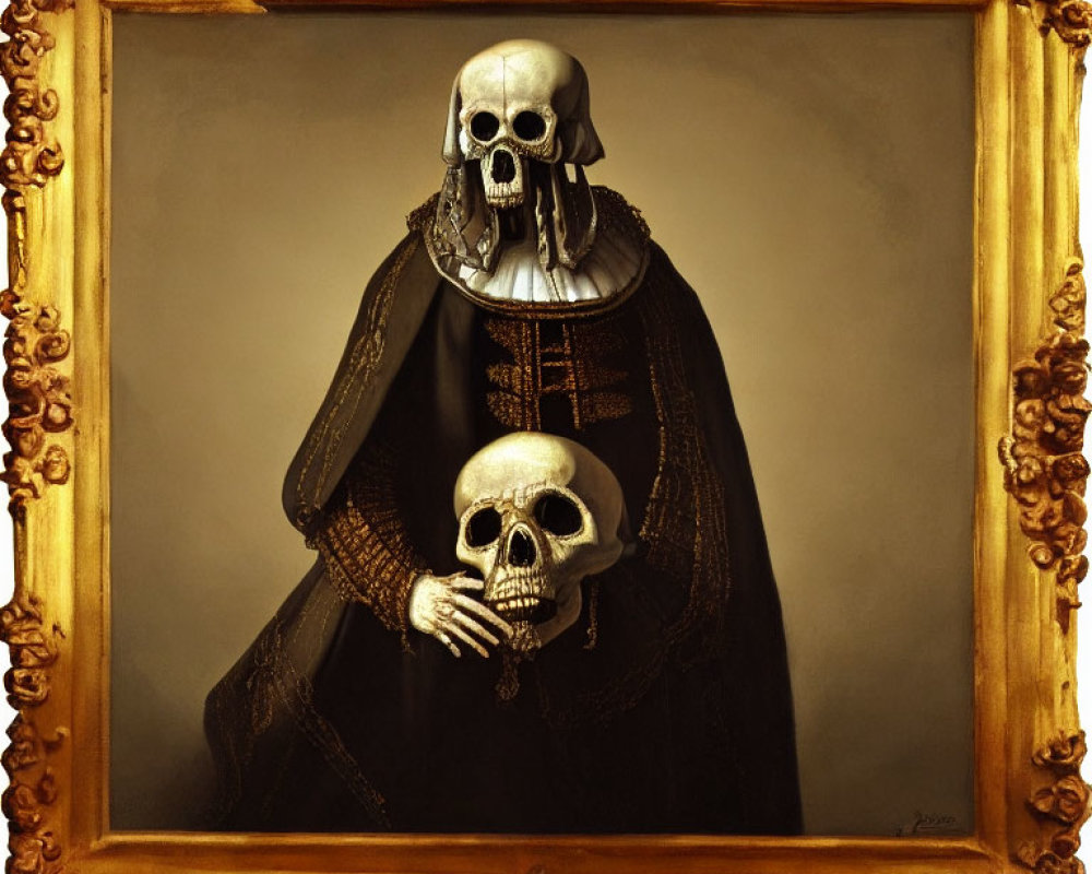 Figure in Dark Cloak Holding Skull in Ornate Golden Frame