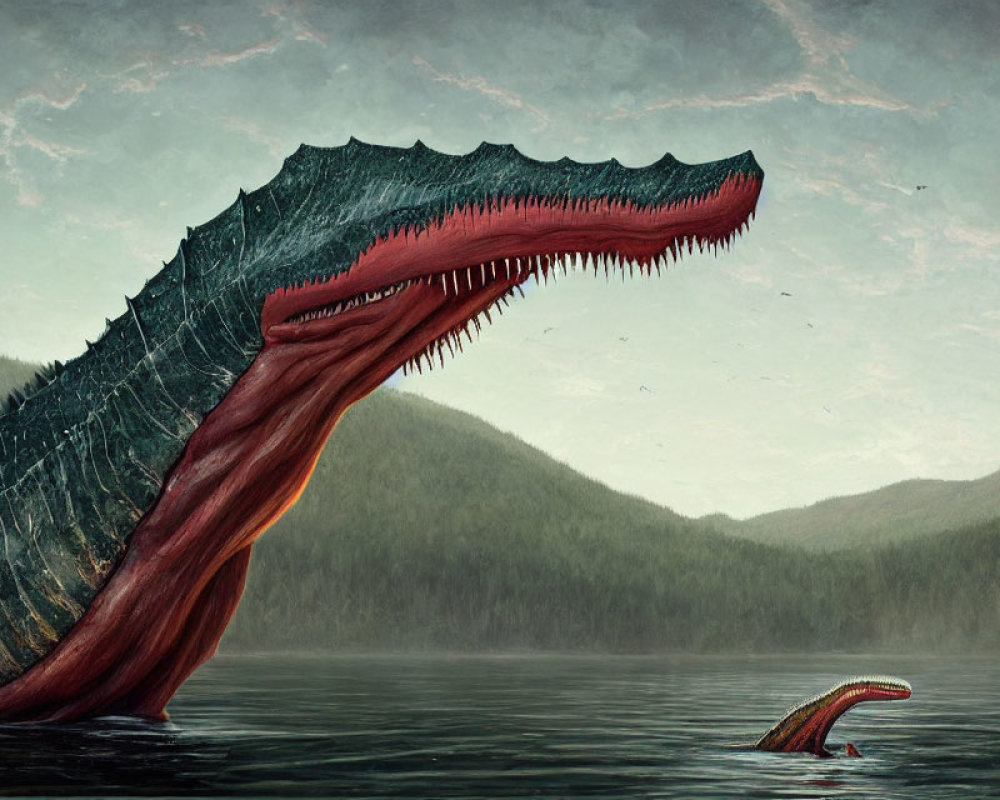 Enormous sea monster with sharp teeth in misty lake surrounded by forests