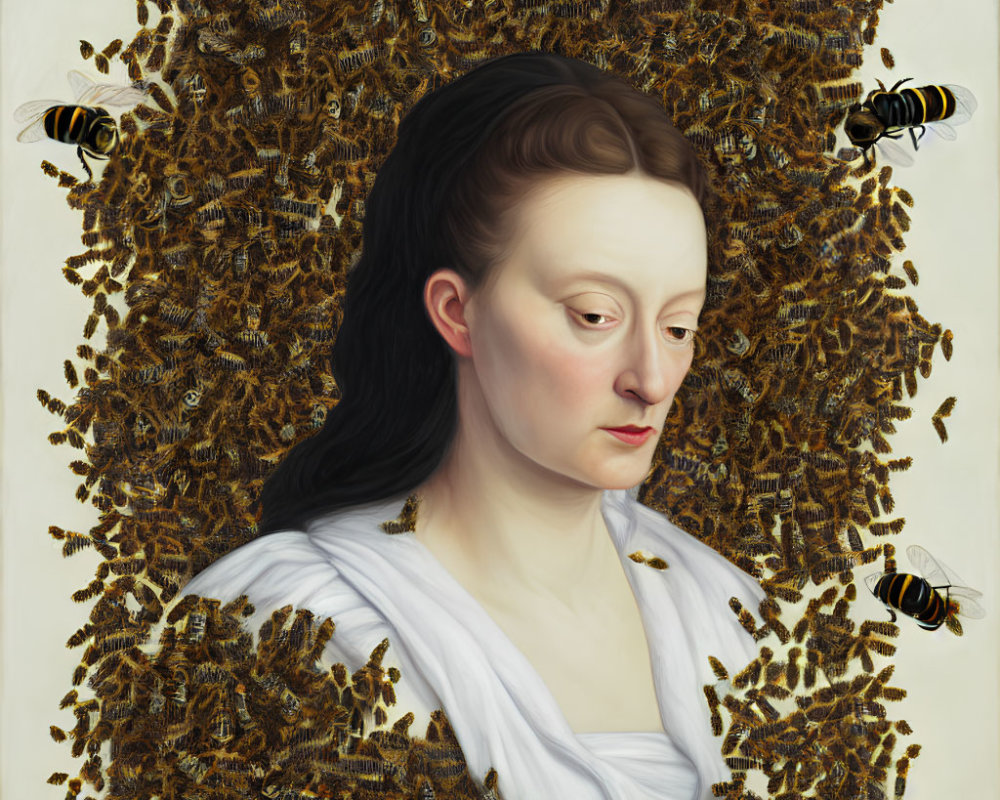 Woman in white dress surrounded by swarm of bees.