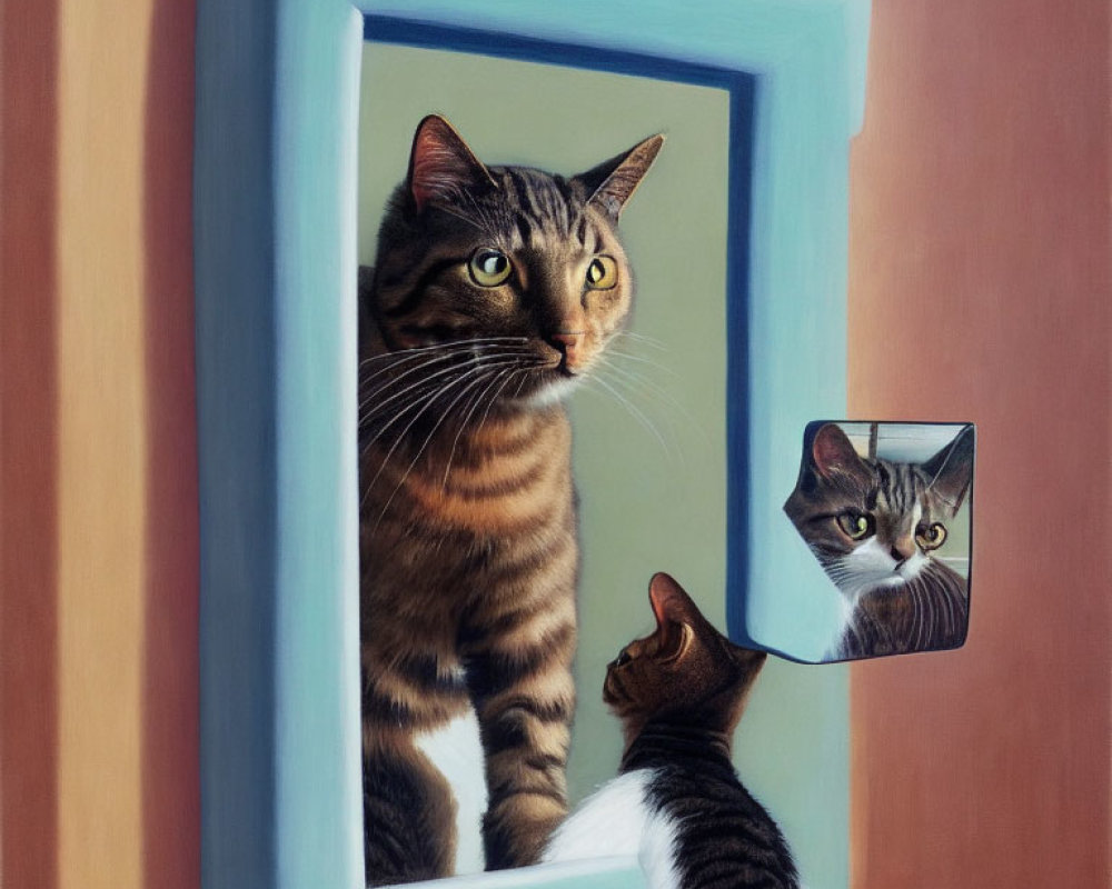 Tabby cat reflects in mirror with smaller mirror and observing cat