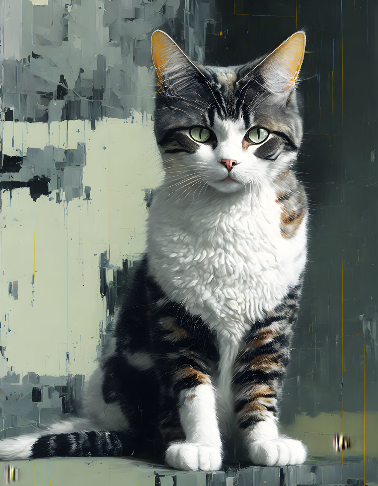 Tabby and White Cat Digital Painting with Green Eyes on Grey Background