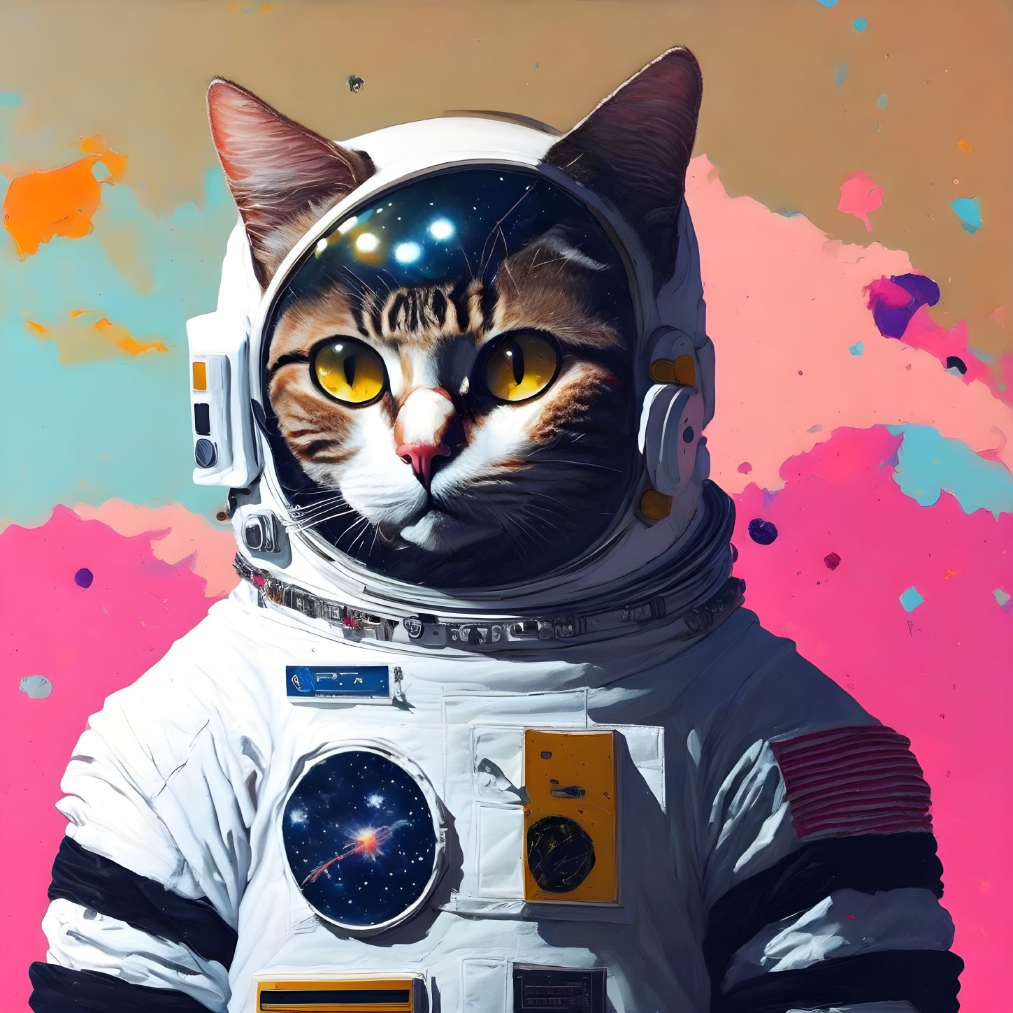 Colorful Cat in Astronaut Suit on Pink and Blue Background