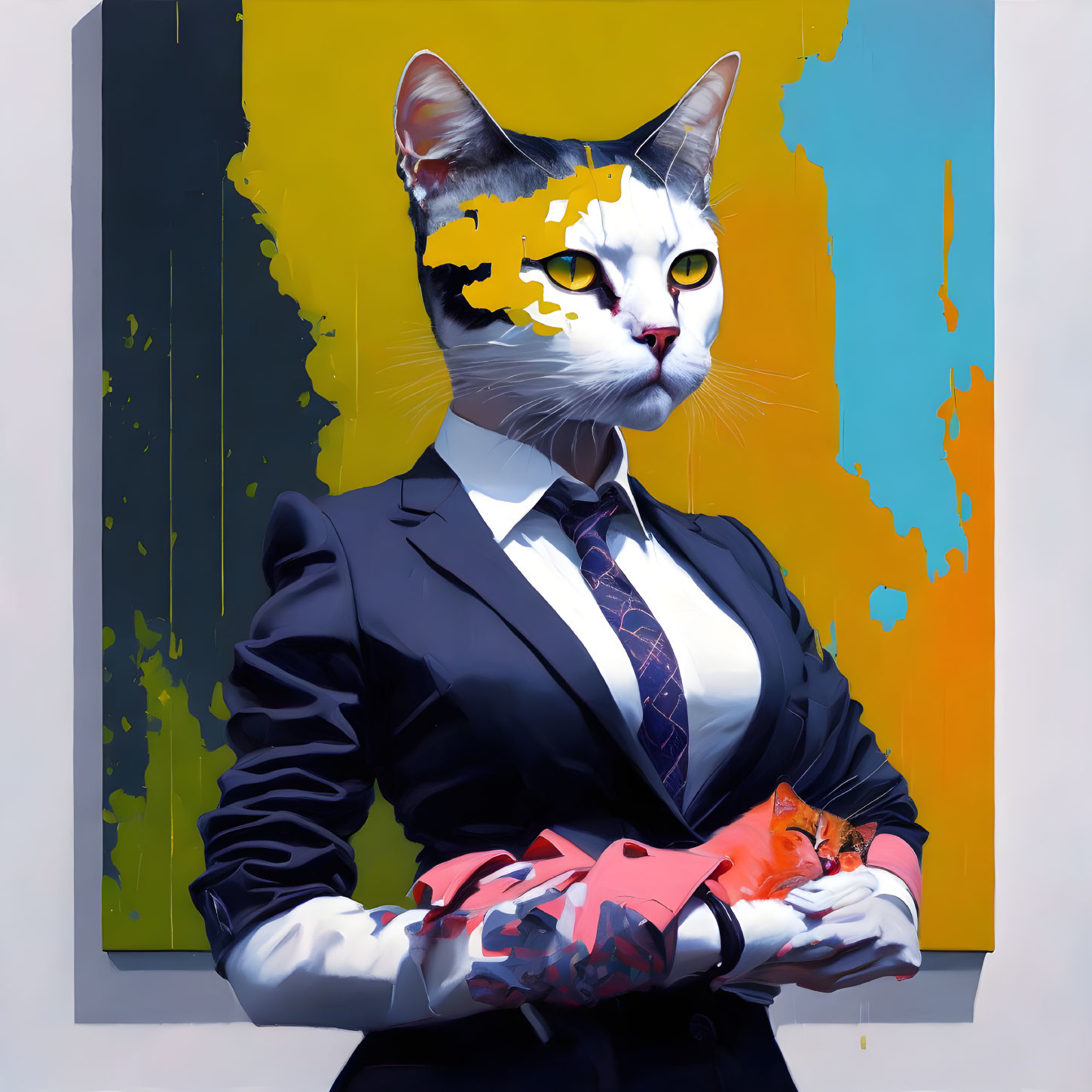 Digital artwork: Cat with human body in suit holding smaller cat on abstract background