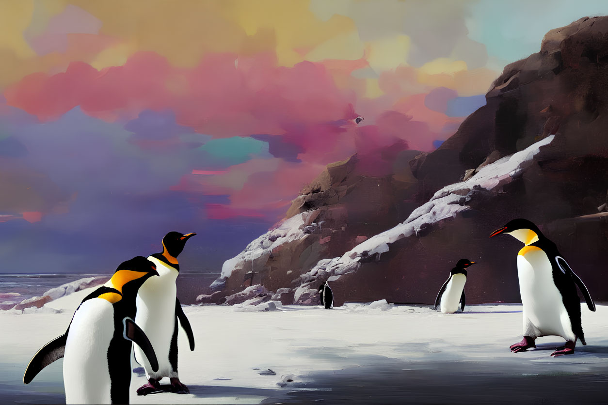 Stylized penguins on snowy landscape with colorful clouds and rocky hill