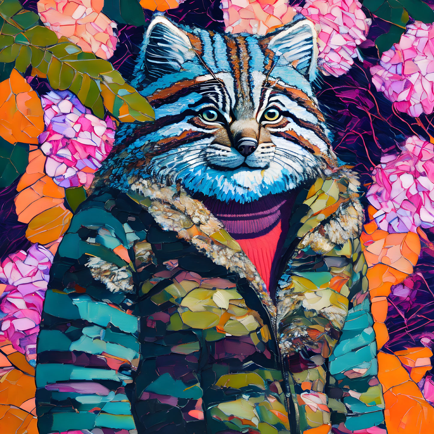 Colorful cat-headed figure in vibrant jacket on floral background