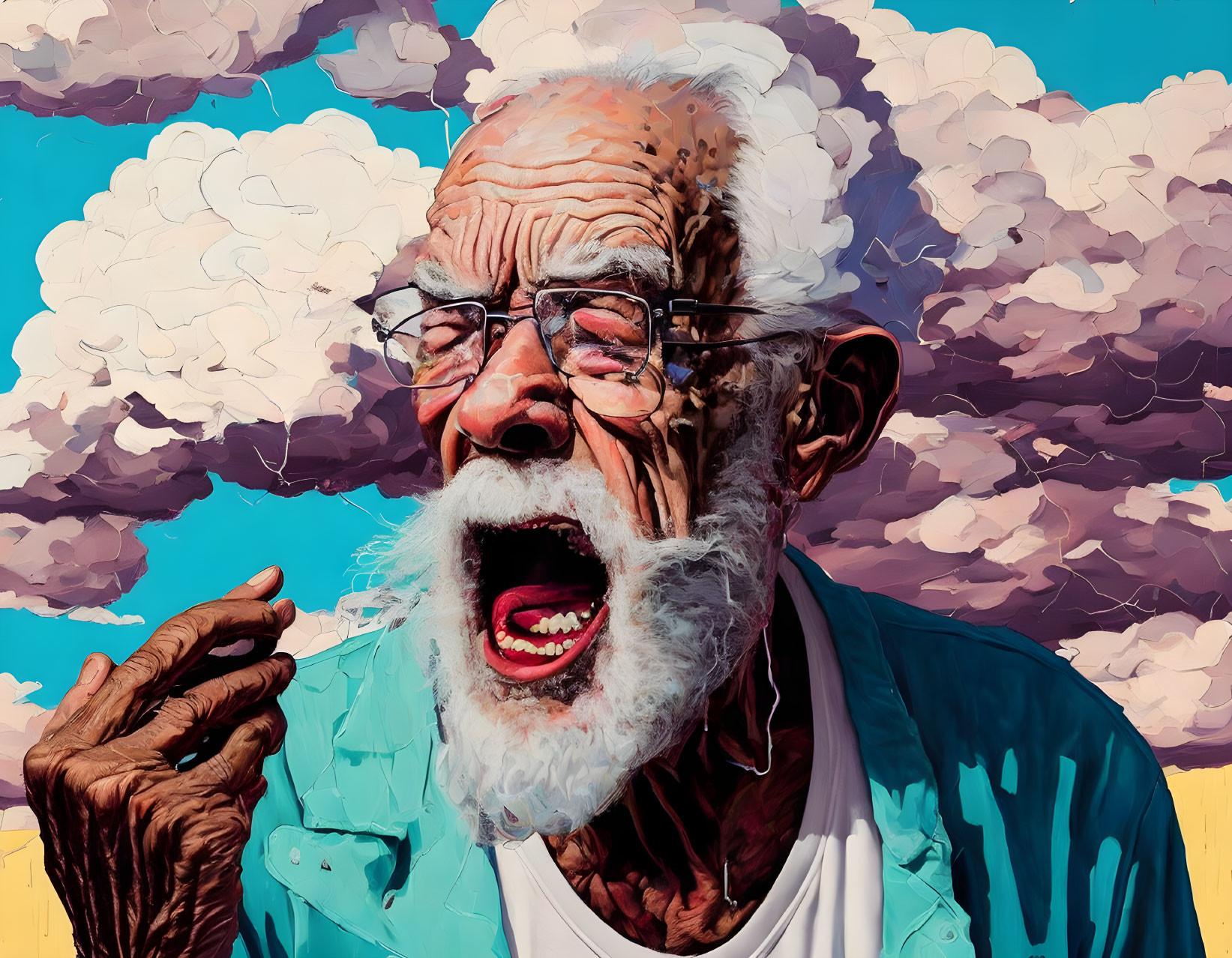 Elderly man with white beard in blue shirt and glasses against fluffy clouds and yellow fence