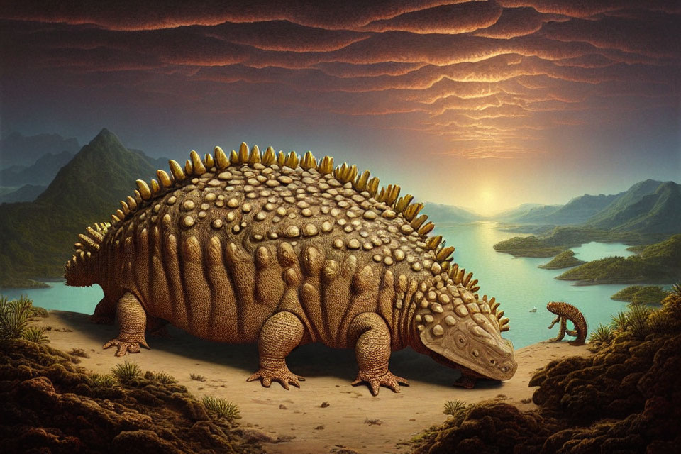 Armored dinosaur with spikes in prehistoric landscape at sunrise or sunset