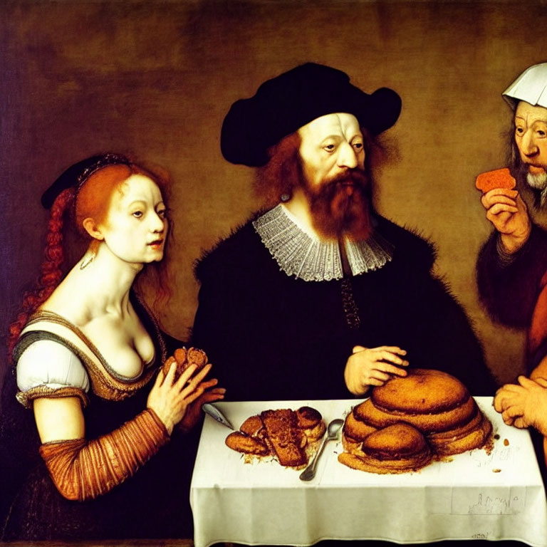 Historical painting of man and woman at table with bread and meat