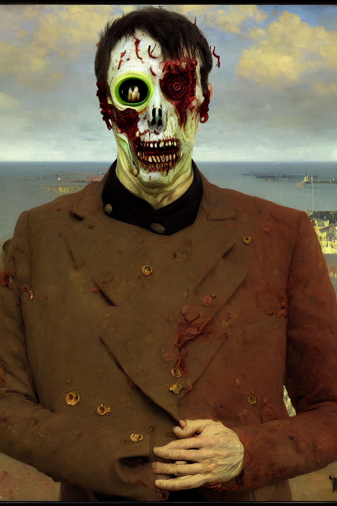 Digital portrait resembling classic painting with zombie-like figure and decaying flesh against harbor backdrop