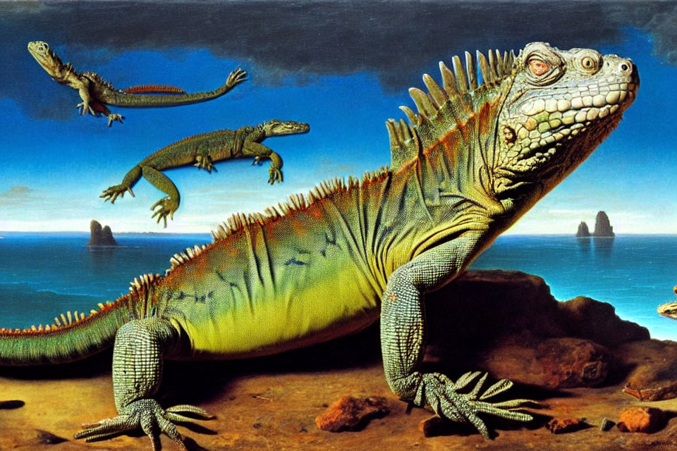 Surreal artwork: Oversized iguanas on rocky shoreline, clear sky, flying iguan