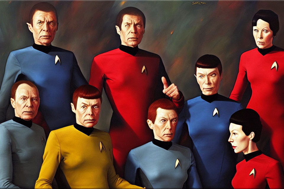 Seven Star Trek characters in uniforms with diverse expressions and ranks