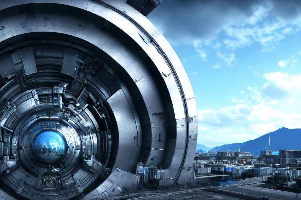 Circular metallic gateway in futuristic cityscape with skyscrapers.