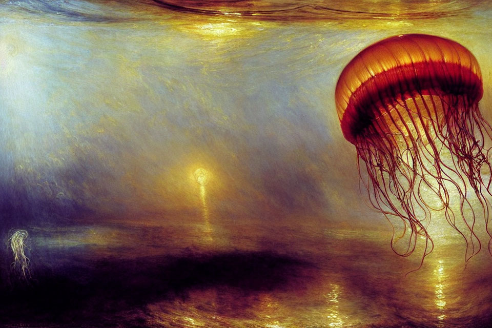 Underwater Scene with Large Orange Jellyfish and Ambient Light