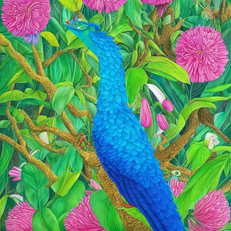 Colorful Peacock Among Green Foliage and Pink Flowers