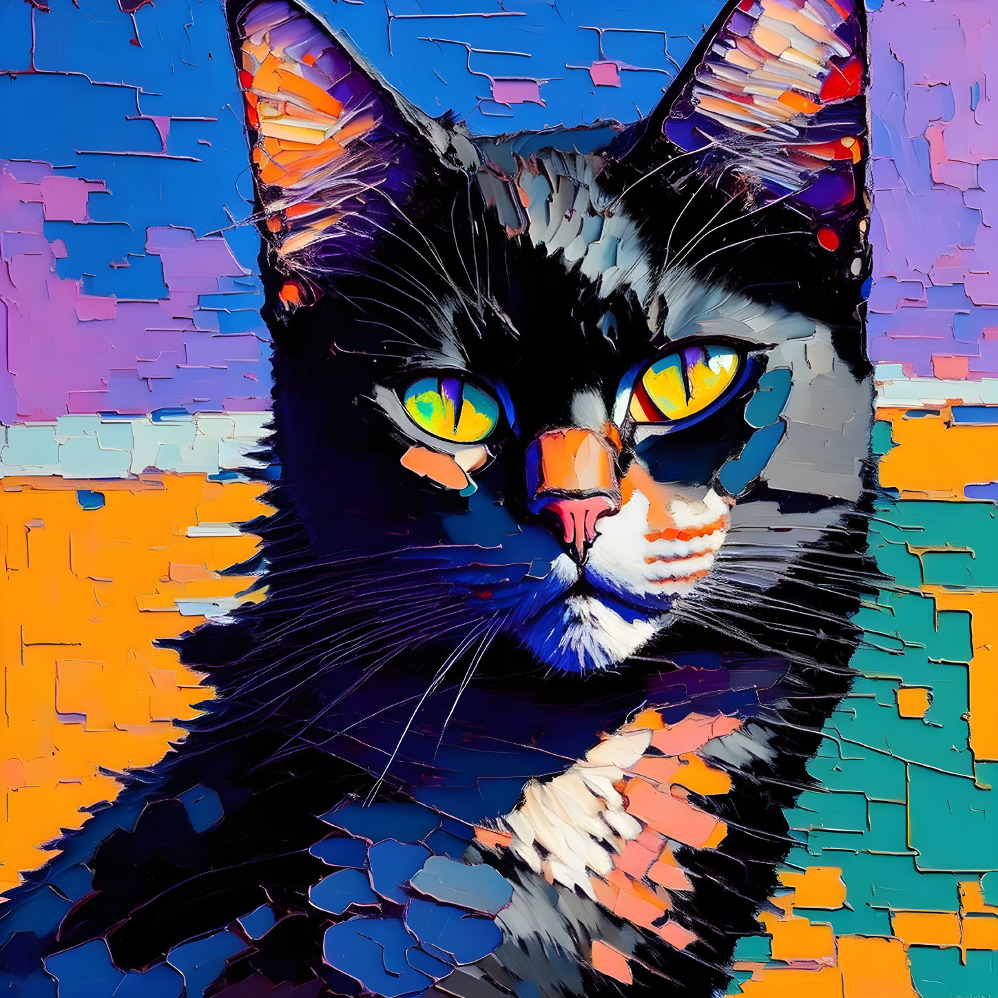 Colorful Stylized Cat Painting with Patchwork Patterns