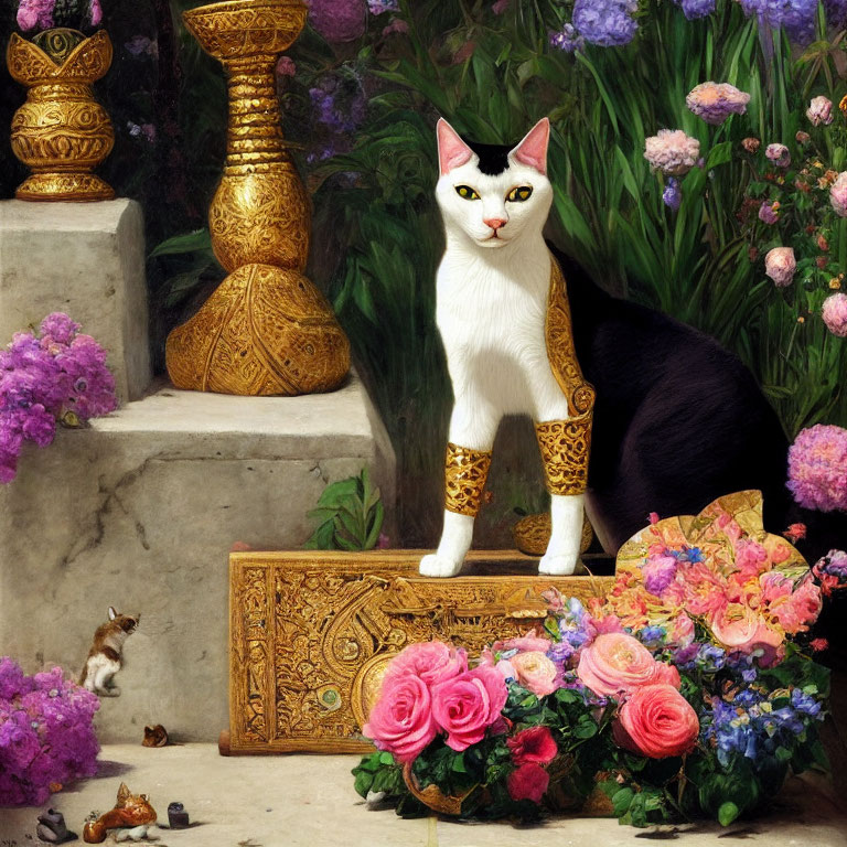 Illustration of white and black cat with golden patterns among flowers & artifacts