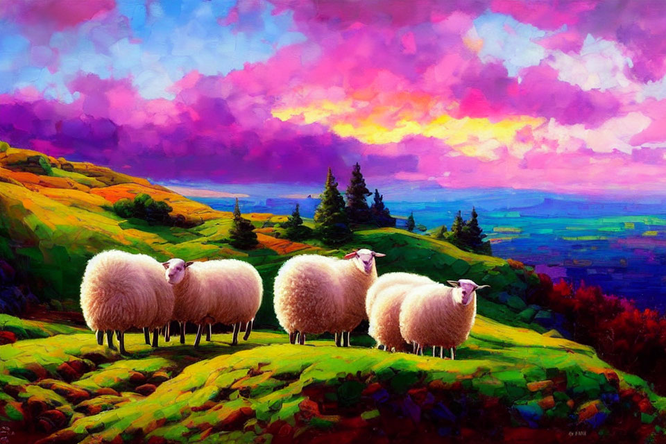 Colorful Landscape with Sheep on Green Hills and Dramatic Sky