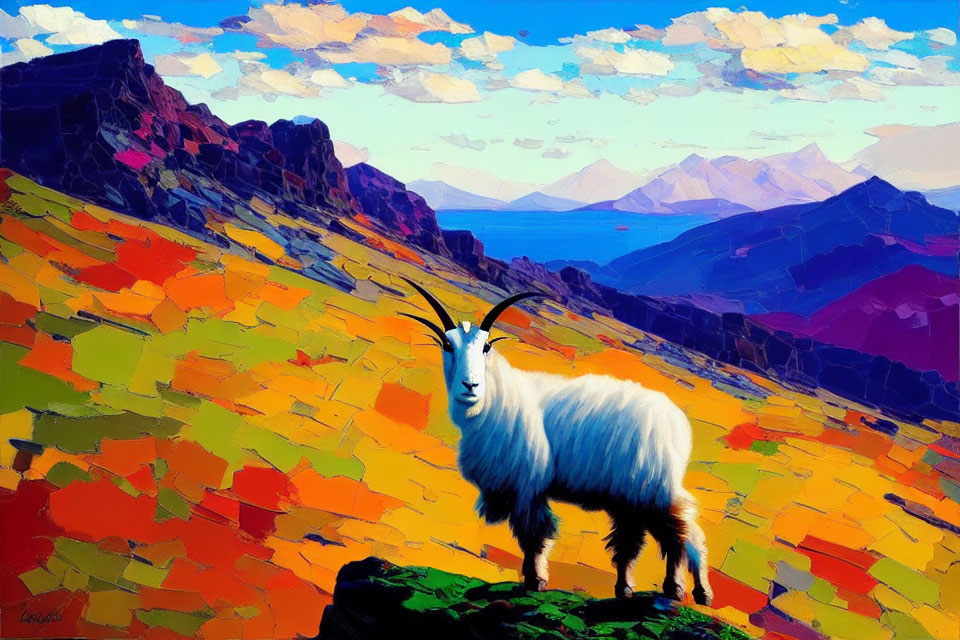 Colorful Mountain Landscape with Goat on Rocky Promontory