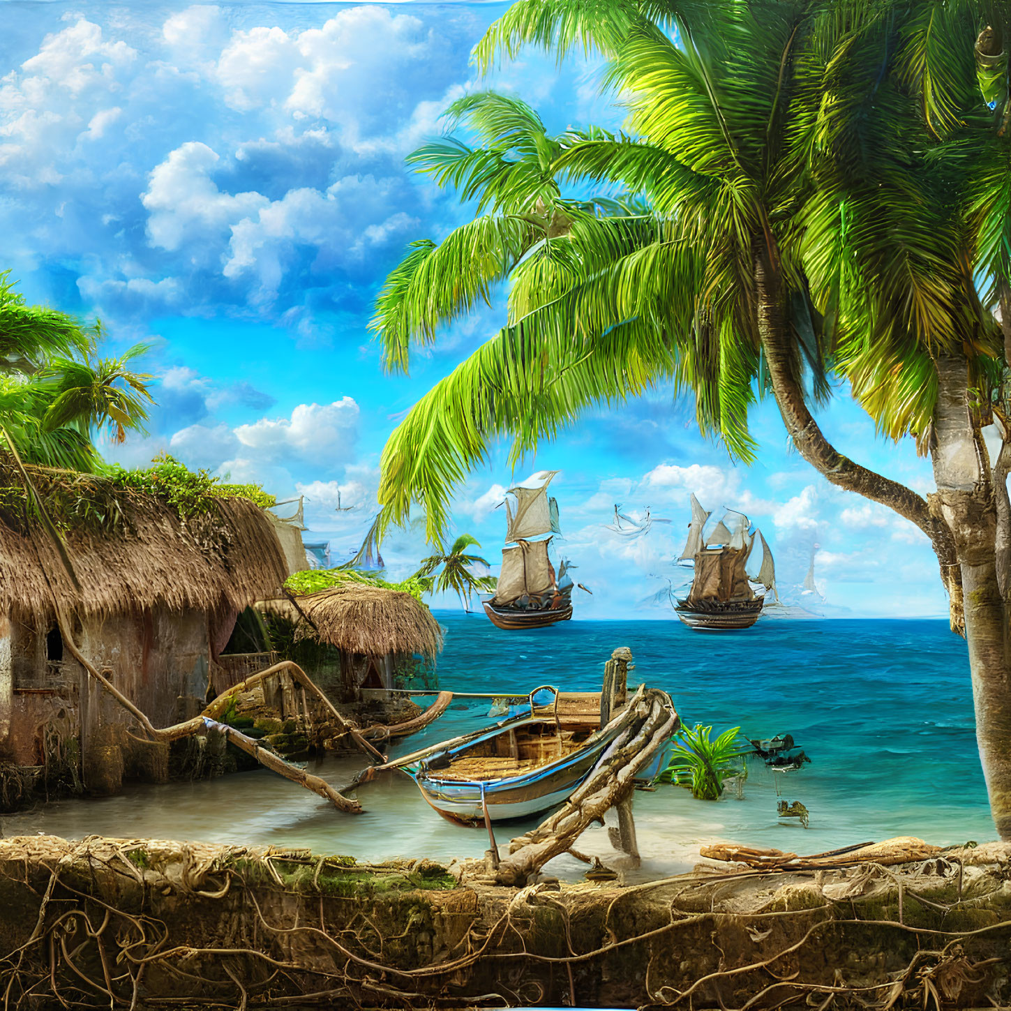 Tropical seascape with palm trees, huts, canoe, and sailing ships