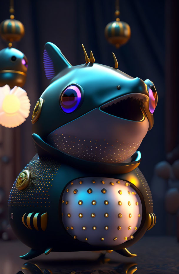 Stylized robotic cat with glowing purple eyes and gold accents on mechanical backdrop