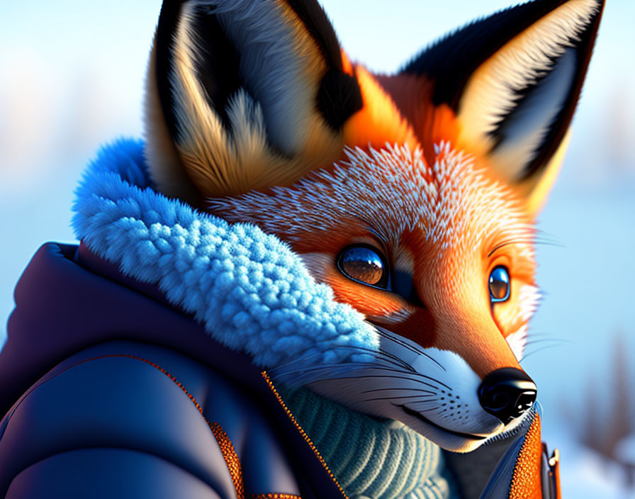 Bright Orange Animated Fox in Blue Jacket on Blurred Background