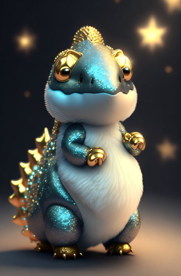 Blue and White Sparkly Dinosaur Creature with Gold Accents