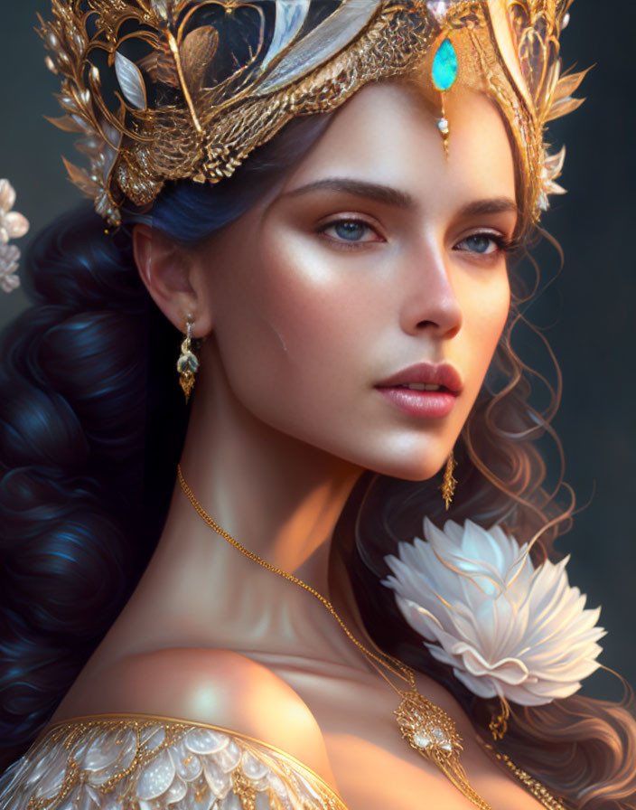 Regal woman with golden crown and blue gemstone, elegant jewelry and feathered accessory