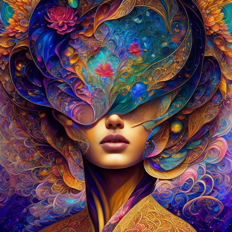 Vibrant digital artwork: Woman with psychedelic patterns and floral motifs.