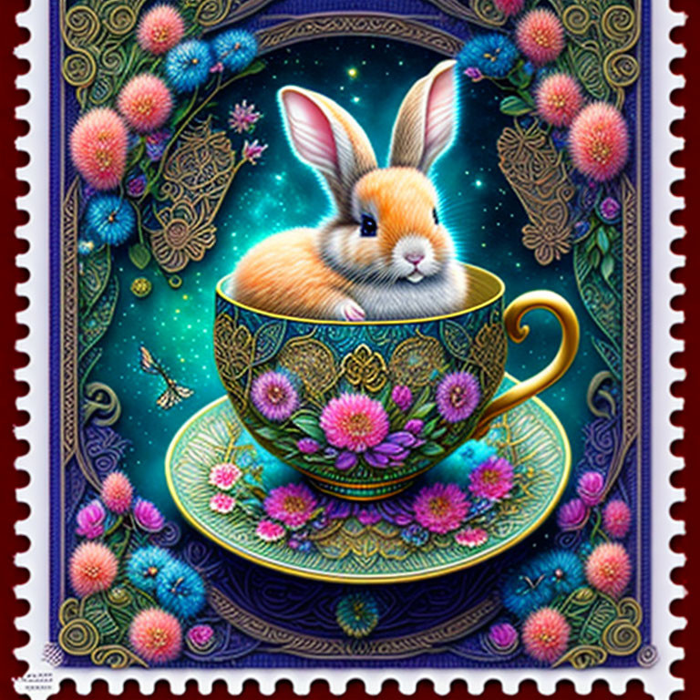 Vibrant rabbit in floral teacup on starry backdrop