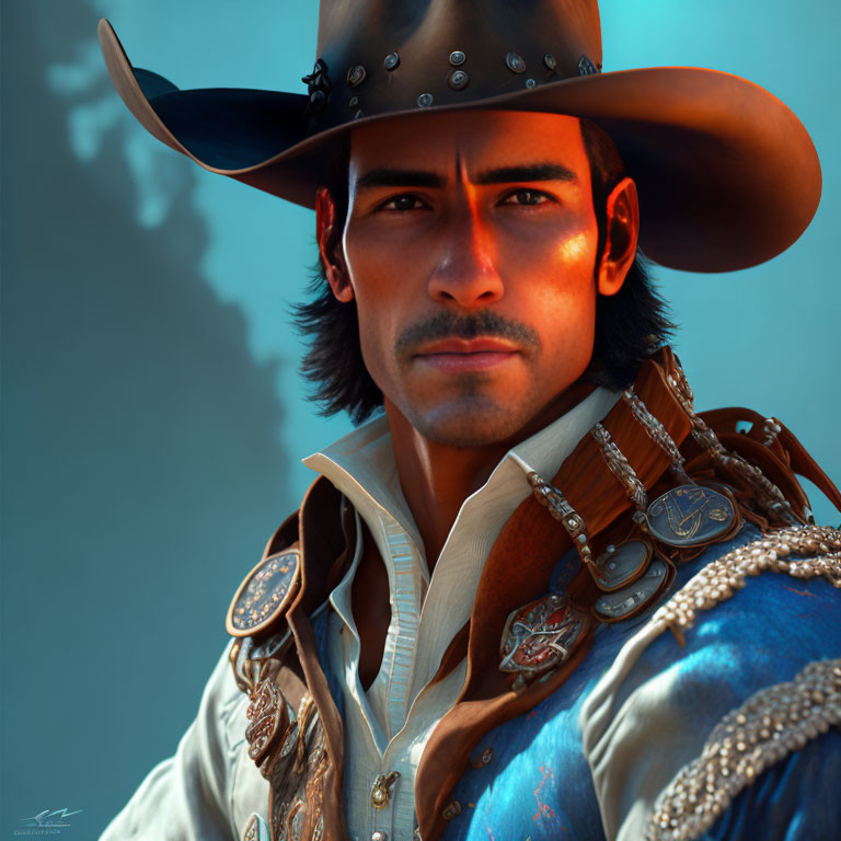 Detailed digital portrait of a cowboy with weathered hat and styled mustache.