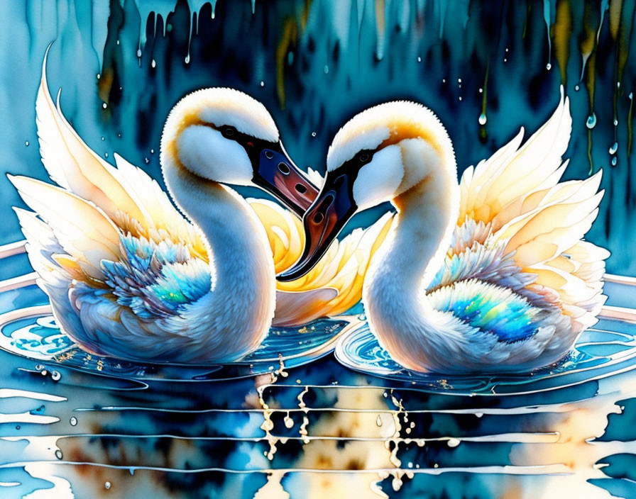 Swans Creating Heart Shape Reflections in Vibrant Colors