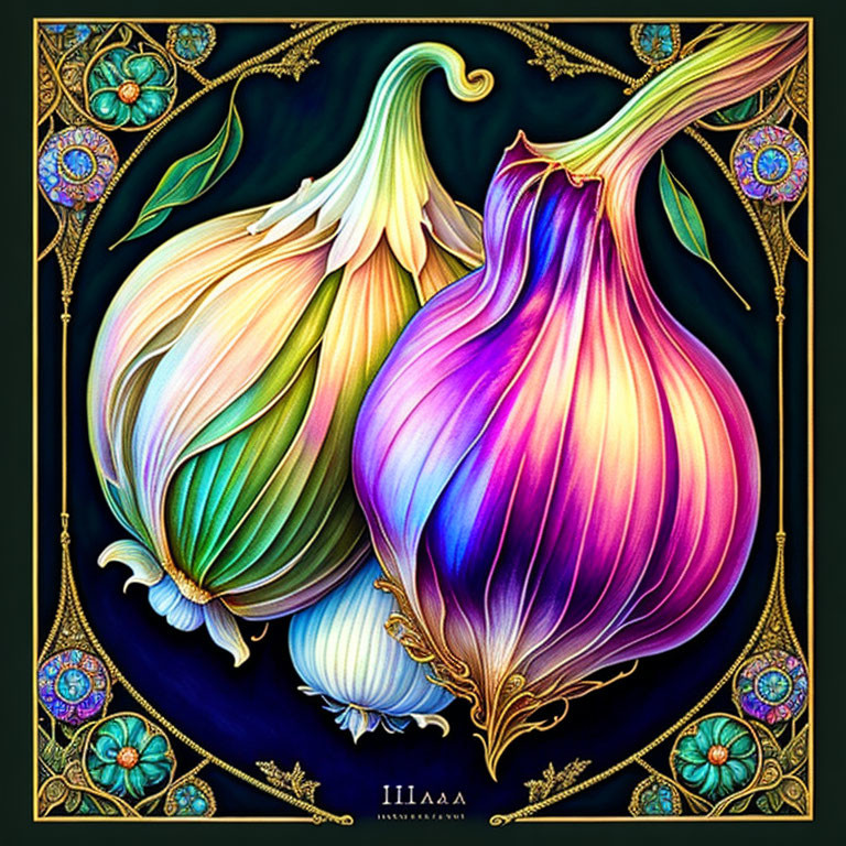 Colorful stylized garlic bulbs on dark background with gold and jewel-toned decorative elements