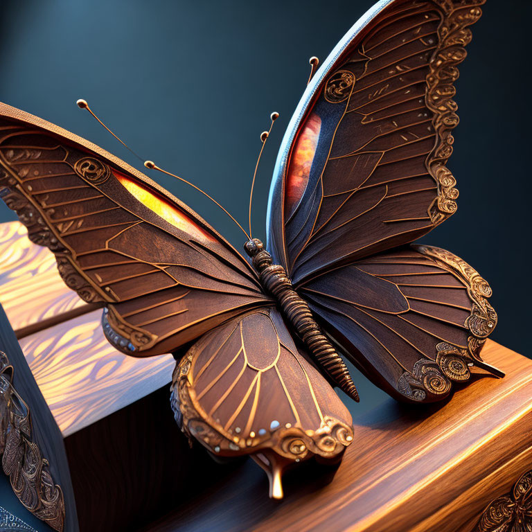 Mechanical butterfly on ornate wings perched on decorated box against dark backdrop