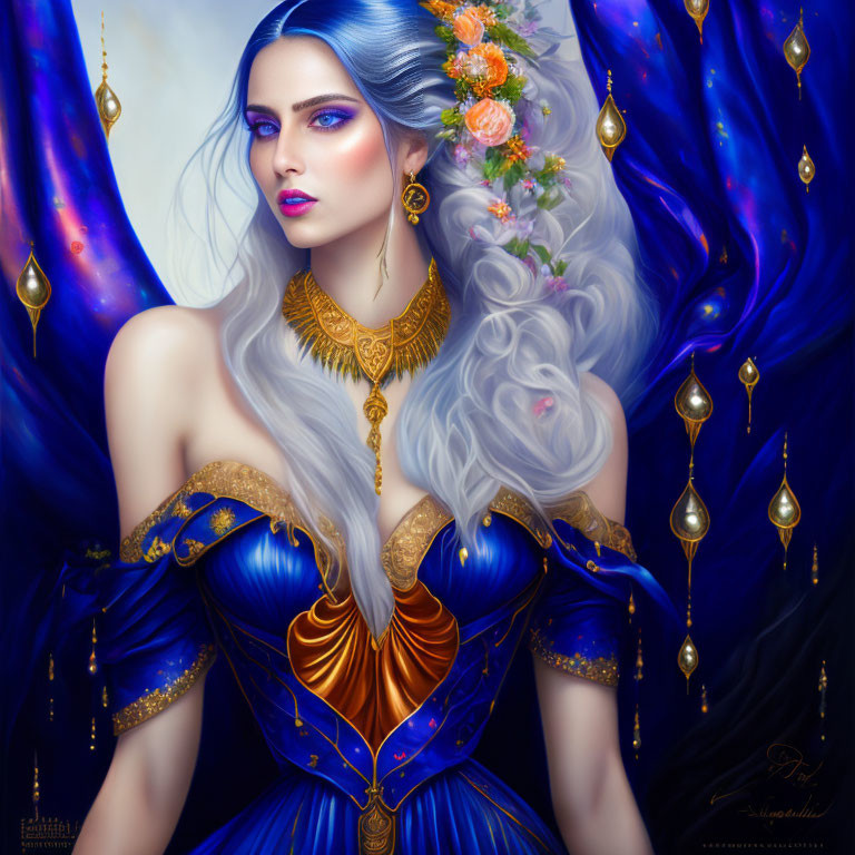 Fantasy illustration of a blue-skinned woman with silver hair in ornate blue and gold attire