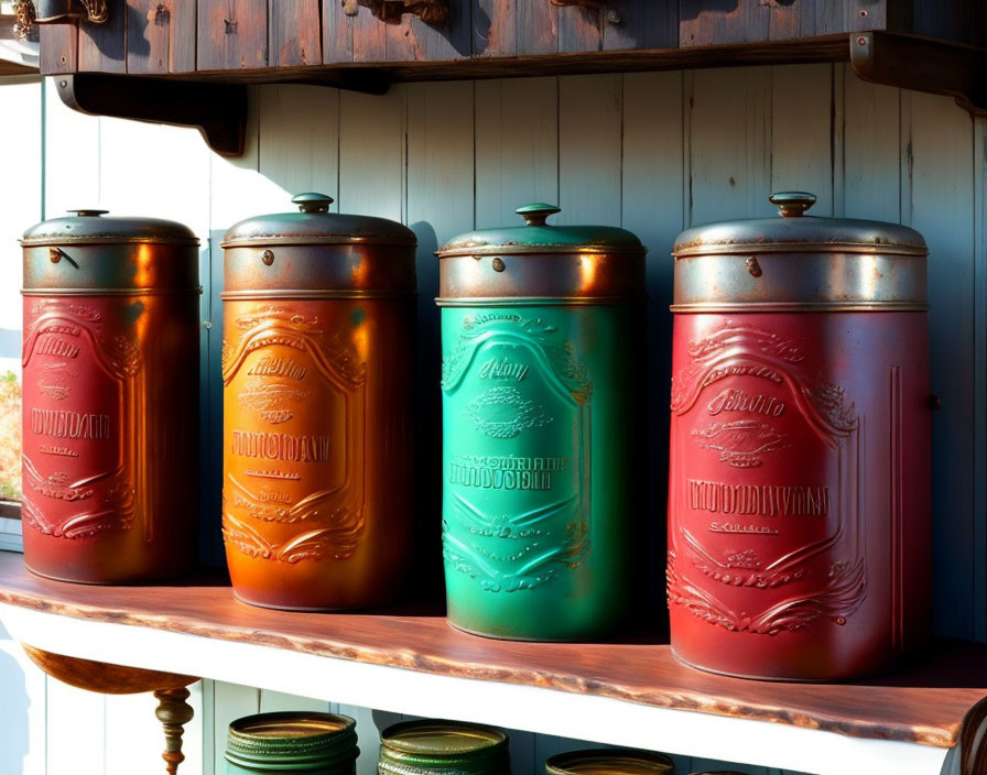 Vintage Metal Canisters with Embossed Labels on Wooden Shelf