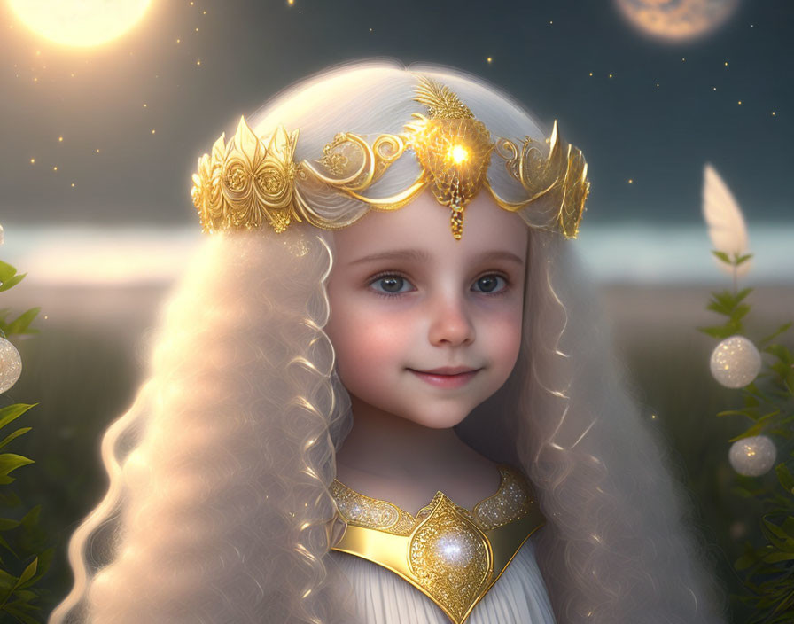 Digital artwork featuring young girl with long blonde hair and golden crown in mystical outdoor scene