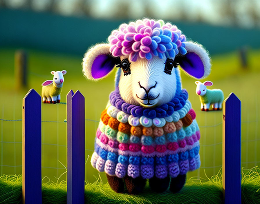 Colorful Cartoon Sheep with Rainbow Wool Coat and Scarf Standing in Front of Fence