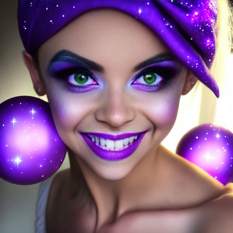 Person with Vibrant Purple Makeup, Green Eyes, Sparkling Hat, Holding Glowing Orbs