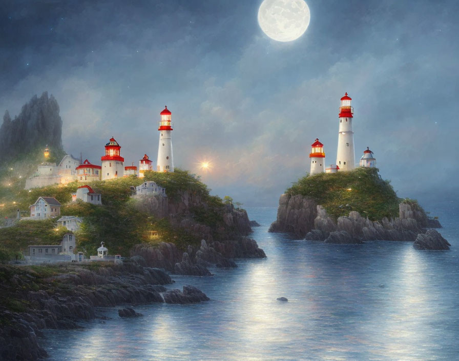 Moonlit Night Seascape with Lighthouses and Cliffs