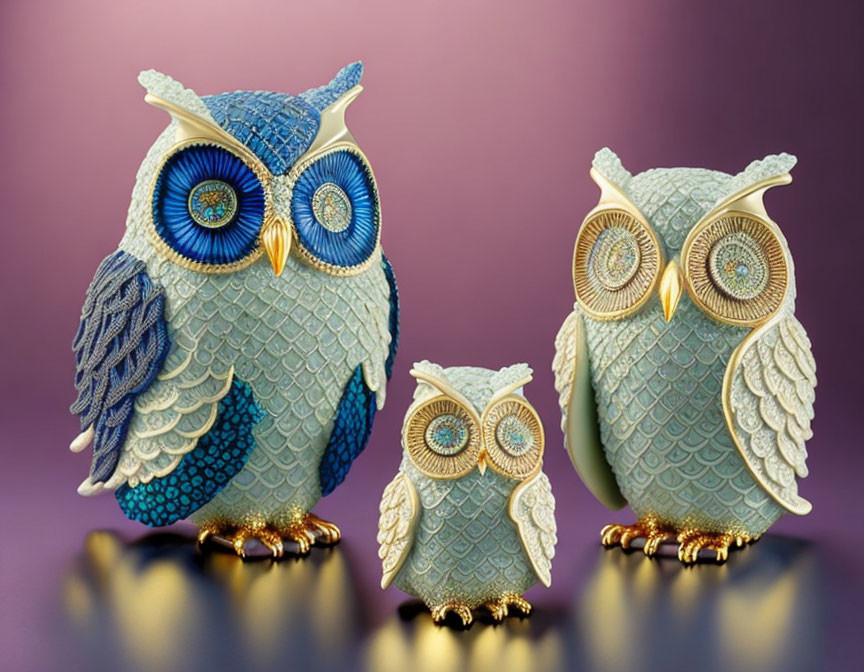 Decorative ceramic owls with intricate patterns and gold accents on purple gradient.