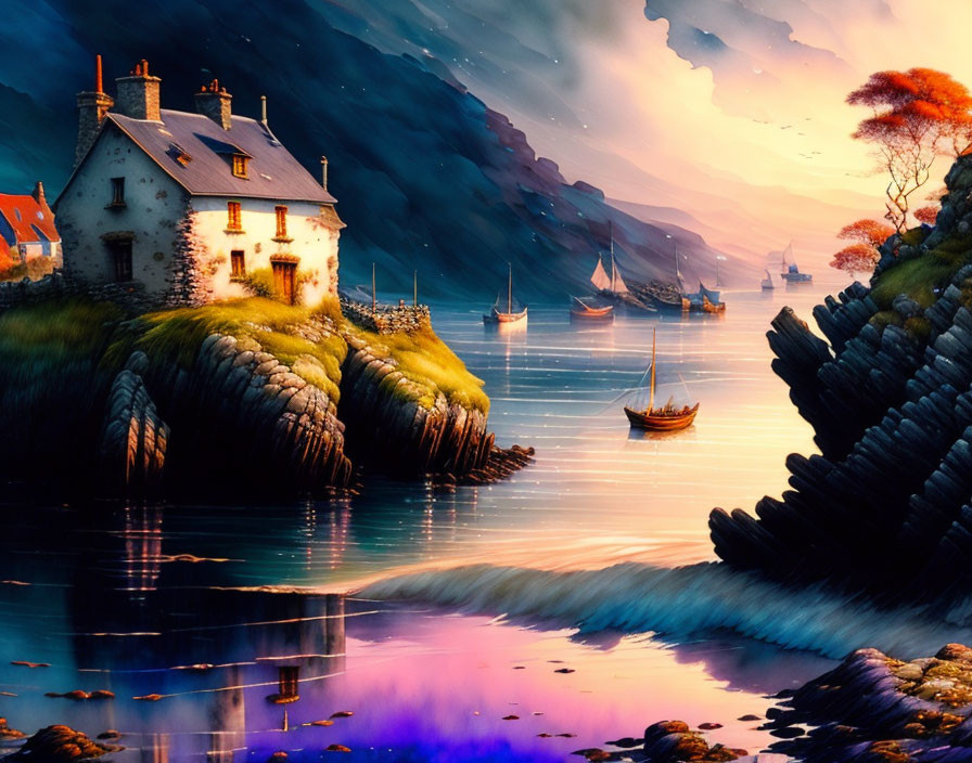 Tranquil coastal twilight scene with house, sea, boats, sky colors, rock formations