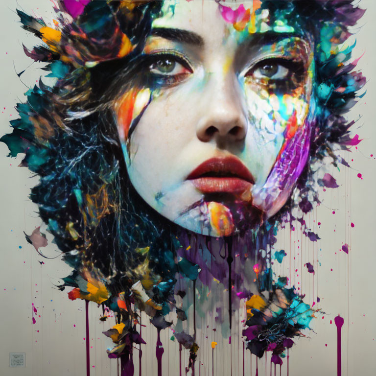 Vibrant multicolored surreal portrait of a woman with feather-like textures