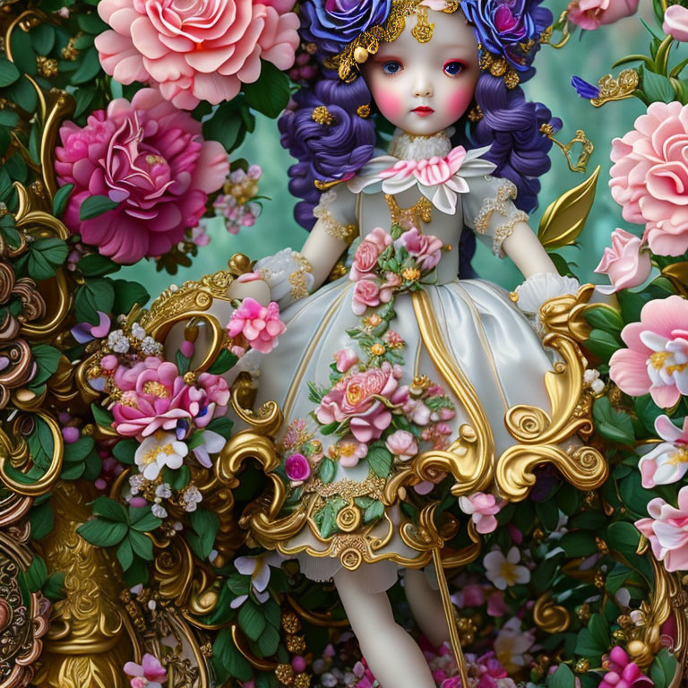 Detailed illustration of doll-like figure with purple eyes, adorned with flowers and gold filigree in whims