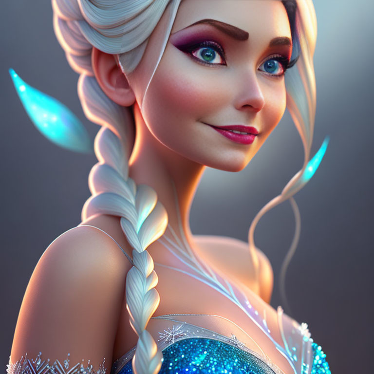 Close-up of smiling animated woman with pale skin and braided white hair adorned with blue butterflies